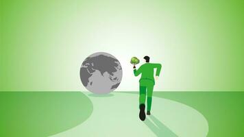 Back view of a businessman runs with a tree to the destroyed gray earth. vector