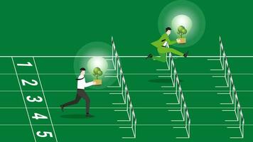 Businessman and employee hold a tree light bulb, run and jump over obstacles on a racetrack. vector