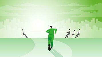 Back view of a businessman runs aim to target goal. to help a team pull a rope in tug of war. vector