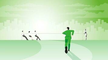 Back view of a businessman runs aim to target goal. to help a team pull a rope in tug of war. vector