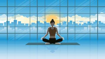 A calm woman sits and meditates on the yoga mat. vector