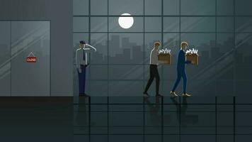 A depressed and stressed businessman, an employee holds a box leaving from closed company. vector