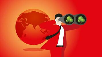 Red hot world and a visonary man with binoculars look for a tree. vector