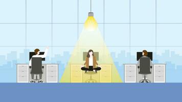 un mujer de negocios medita con ligero bulbo en lugar de trabajo. vector