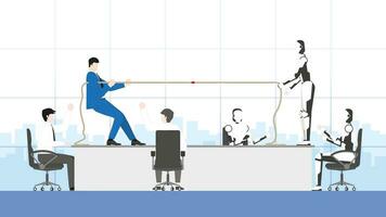 Business competition and cyber technology confrontation concept. A businessman and a robot fight tug of war in an office workplace vector