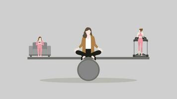 A meditation woman sits and thinks at center of a seesaw beam between playing smartphone on a sofa and running on treadmill vector