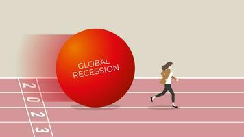 Global recession concept in the year 2023. A businesswoman runs away from the big red ball vector