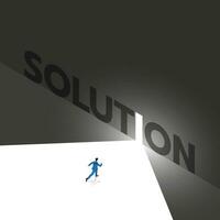 A Businessman runs to the white exit with light from the dark, Text wording SOLUTION vector