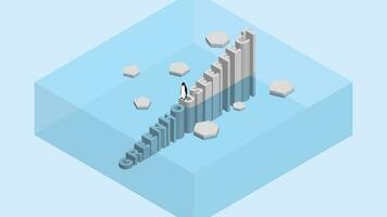 Penguin on text wording iceberg. Global warming and ice melting concept of sea level rise vector