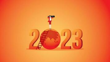 Red hot world and a visonary woman with binoculars on number 2023. vector