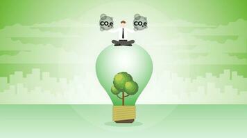 A businessman sits and holds CO2e gas on a tree lightbulb. vector