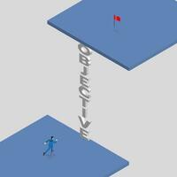 Businessman runs to a ladder, Climb up to a goal red flag on a higher level. Business concept of possible vector