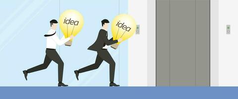 Business idea competition, contest,  rivalry concept. A manager businessman and employee run to elevator with a light bulb vector