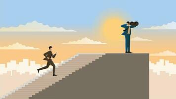 A visionary businessman uses binocular on the top of stairs and the follower runs and steps up vector