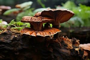 hongos creciente en un tocón en el bosque. selectivo enfocar, lingzhi champiñón, ganoderma lucidum lingzhi champiñón, ai generado foto