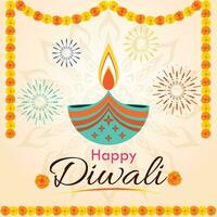 diwali deseos con diya y flores vector ilustración