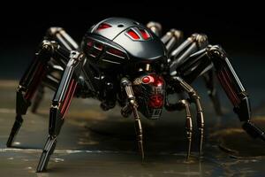 Fantasy spider on a black background. 3d rendering. Computer digital drawing, genetically modified robotic black widow spider, AI Generated photo