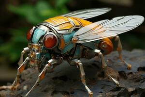 Tattoo art, close up of a colorful insect on a rock, genetically modified robotic Honey Bee, AI Generated photo