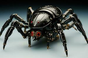 3d rendering of a black robot with black body and red eyes, genetically modified robotic black spider, AI Generated photo