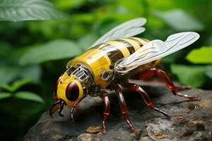 Vespula vulgaris is a species of bee in the family Scapulidae, genetically modified robotic Honey Bee, AI Generated photo