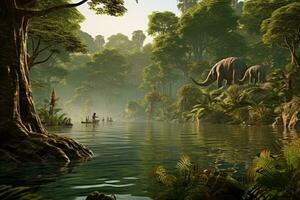 Fantasy landscape with elephants in a pond. 3D render, Game background In 10,000 BC, the forests surrounding lakes were plentiful with water creatures and vegetation, AI Generated photo