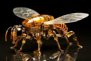 Image of bee on black background. Insect Animal. Insect Animal, genetically modified robotic Honey Bee, AI Generated photo