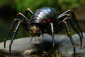 A closeup of a black and red spider on a rock, genetically modified robotic black widow spider, AI Generated photo