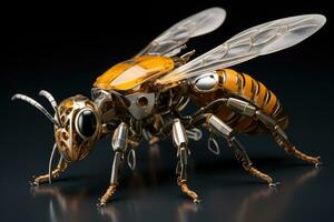 Honey bee isolated on black background. 3d render illustration, genetically modified robotic Honey Bee, AI Generated photo