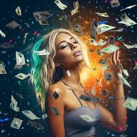 attractive young woman stands under money fly rain, Ai generated photo