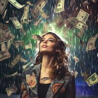 atractivo joven mujer soportes debajo dinero mosca lluvia, ai generado foto