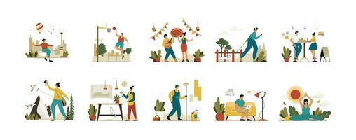 Singing, Paint The House, Working at home, Basketball Sports, Travel, Woman Walking . Life Vectors Illustration Flat