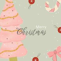 Square Christmas holiday greeting card with pink Watercolor christmas tree decoration, candy cane and christmas ball vector