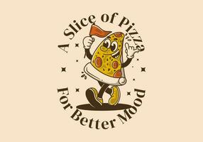 A slice of pizza for better mood. Mascot character illustration of walking pizza, holding a flag vector