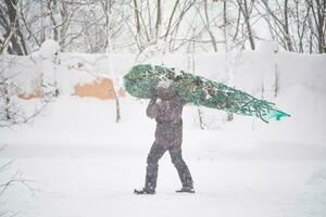 A man brought a Christmas tree into his yard during a snowstorm. photo