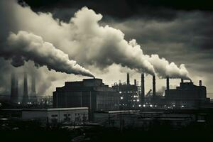 un negro y blanco imagen de fumar viniendo fuera de un fábrica, aire contaminación, global calentamiento, generativo ai foto