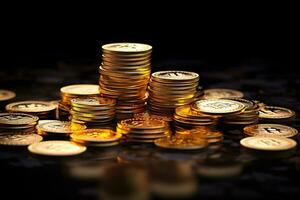 A pile of golden bitcoins on top of a black table, bitcoins on a dark background, Generative AI photo