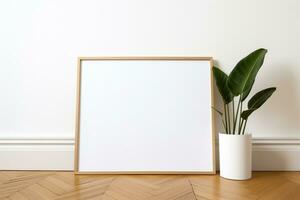 A white blank frame with a potted plant on the floor next to a white wall, Generative AI photo
