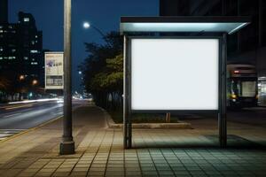 An image of a bus stop with a blank billboard on the side of the road, Generative AI photo