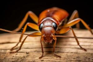 un de cerca de un cucaracha en un pedazo de madera, un macro imagen de un cucaracha, generativo ai foto