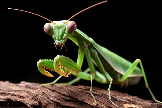 A close-up of a mantis on a branch, a macro image of a mantis, Generative AI photo