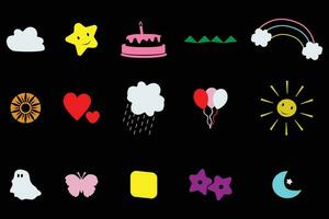 Cute doodle element, icon, sticker collection. Hand drawn vector shapes isolated on black background.