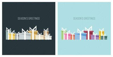 Season's greetings with colorful gift boxes geometric shapes vector illustration. Greeting card square template.