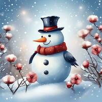 Snowman with scarf and hat on snowy background. Christmas card. on a background of a winter landscape gennerate by stable diffusion Ai photo