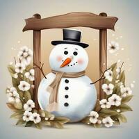 Snowman with scarf and hat on snowy background. Christmas card. on a background of a winter landscape gennerate by stable diffusion Ai photo