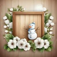 Snowman with scarf and hat on snowy background. Christmas card. on a background of a winter landscape gennerate by stable diffusion Ai photo