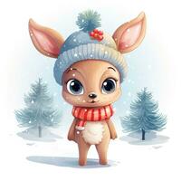 Christmas little deer in hat watercolor in beautiful style. Cartoon illustration on white background photo