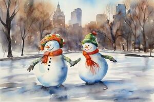 Watercolor postcard with happy couple of snowmen skating in snowy park in New York. Cute Character photo