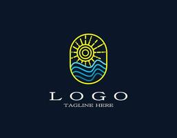 Minimal luxury logo with waves sea or ocean and sun. Retro and vintage design concept with blue, yellow. Logo with lines and strokes art. Suitable for travel, resort, hotel, park, beach. vector