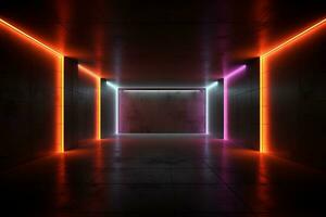 A blank dark room with neon lights on the walls, an empty dark scene, Generative AI photo