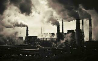 A black and white image of smoke coming out of a factory, Air pollution, Global warming, Generative AI photo